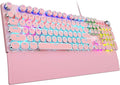 AULA F2088 Typewriter Mechanical Keyboard Pink Retro Wired Gaming Keyboard with Blue Switches Rainbow Backlit Round Keycaps Media Knob &amp Removable Wrist Rest