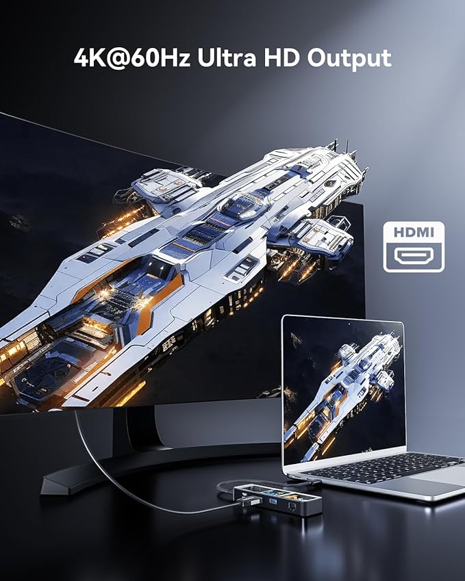 DOCKCASE Explorer Edition Visual Smart USB C Hub (6-in-1) with HDMI Port 4K@60HzGigabit EthernetUSB-C and 2 USB-A 5Gbps Data Ports 100w PD Power Delivery for MacBook Air/Pro XPS and More