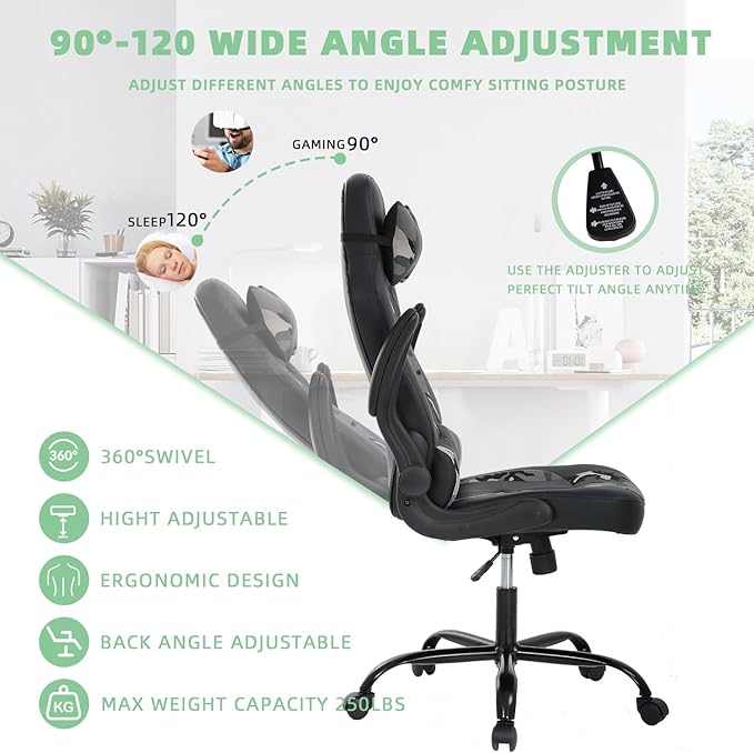 PC Gaming Chair Computer Chair Racing Gamer Chair Adjustable Ergonomic Office Chair Modern Desk Chair with Lumbar Support Flip Up Armrest Rolling Swivel Task Chair for Adults Women Men