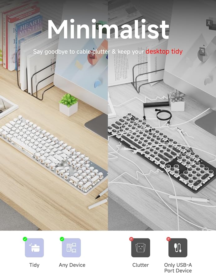 EWEADN TK950 Typewriter Keyboard Wireless Mechanical Keyboard 104 Keys Aesthetic Typewriter Keyboards with White Backlit Anti-Ghosting Blue Switch Bluetooth/2.4GHz/Wired Keyboards-White