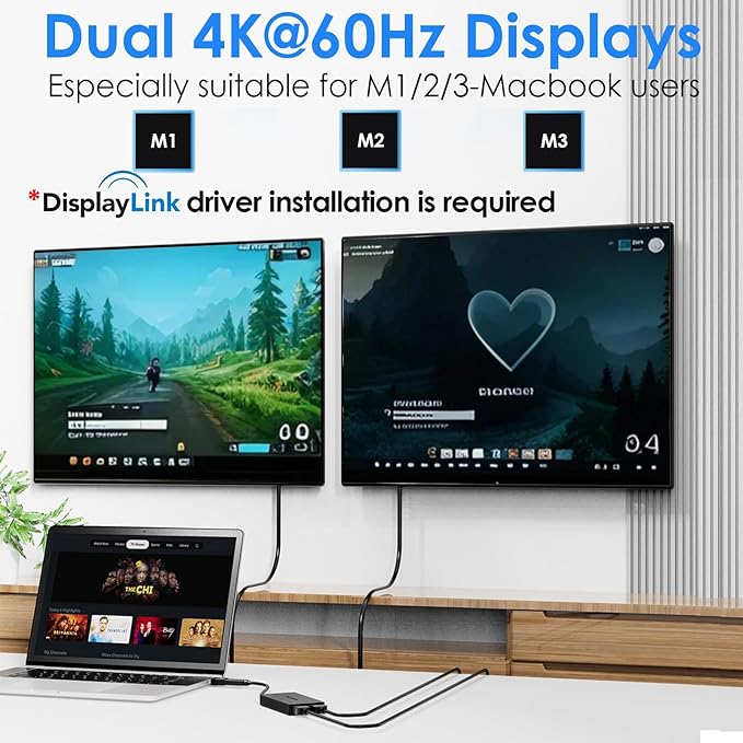 WAVLINK USB 3.0 &amp USB C to Dual HDMI Adapter 4K@60Hz for 2 Monitors DisplayLink USB C HDMI Adapter for Dual Monitor for Mac M1/M2/M3 Windows ChromeOS Ubuntu Android