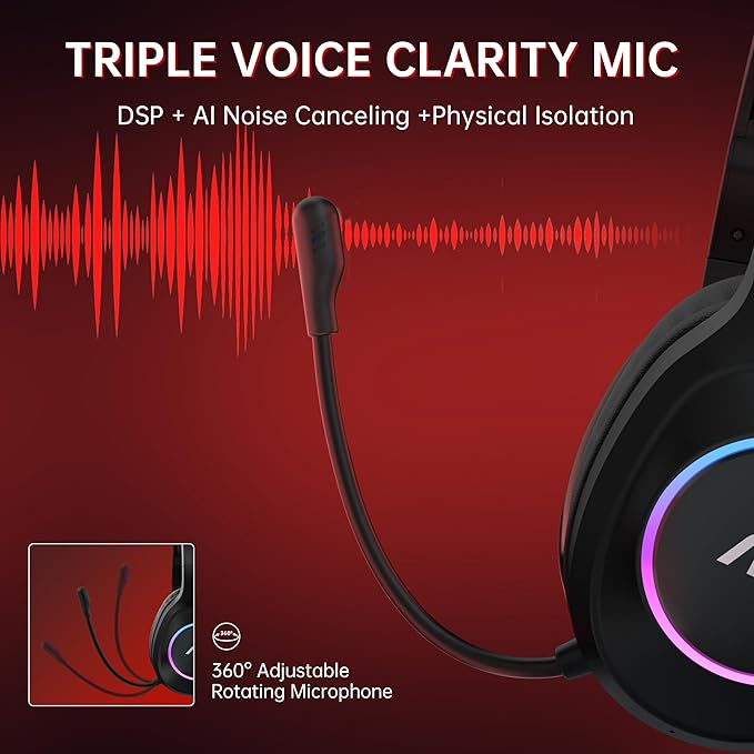 AOC Bluetooth Gaming Headset with Mic for PC PS5/4 Nintendo Switch 2.4GHz Wireless Gaming Headphones with RGB USB-C 7.1 Virtual Surround 20ms Latency 45H Playtime- Red