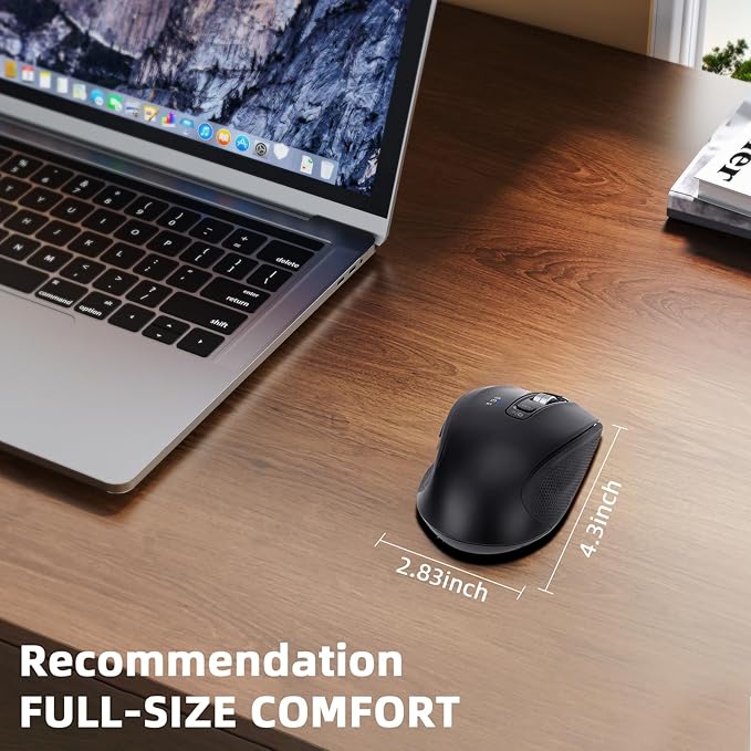 Wireless Mouse with Bluetooth USB-A USB-C Receiver Rechargeable Full-Size Mouse Silent Ergonomic for MacBook/Laptop/Computer/PC/iPad-Black