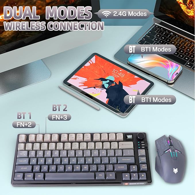 75 ％ Wireless Gaming Keyboard and Mouse Combo Tri-Mode BT5.0/2.4GHz/USB-C RGB Backlit Keyboard + 3D 1600DPI Mice 2000mAh Battery 80 Keys Knob Volume Control (Gradient Gray)