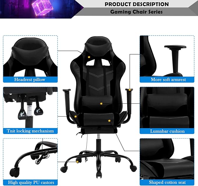 Massage Gaming Chair with Headrest and Footrest Ergonomic Gaming Desk Chair Lumbar Support Computer Game Chair Leather Video Gaming Chair Adjustable Gamer Chair for Adults Kids Black