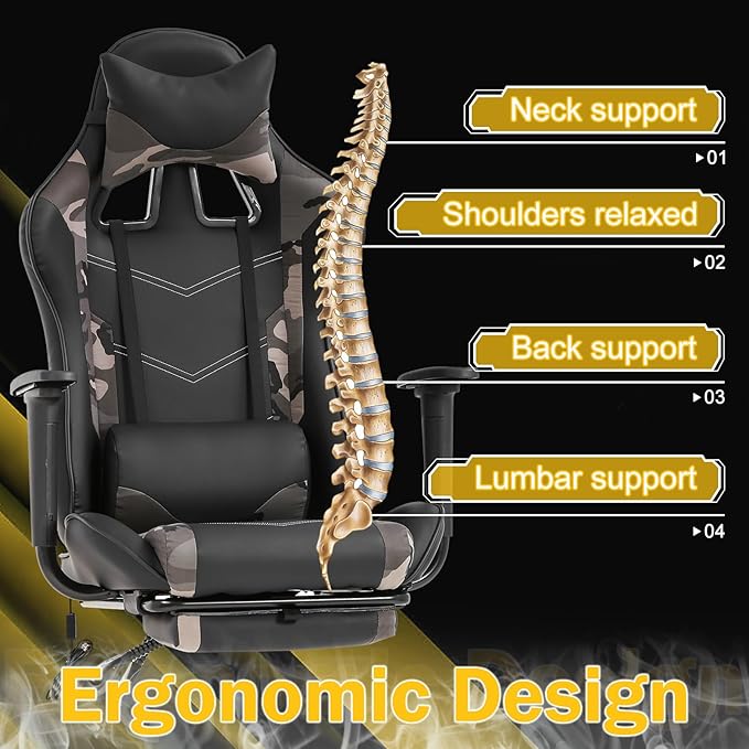 Massage Gaming Chair - Ergonomic PC Racing Office Chair with Lumbar Support Headrest Armrest Footrest - Black Heavy Duty PU Leather Recliner for Adults Gamer (Camo)