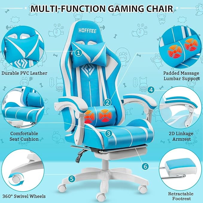 RGB Gaming Chair with LED Lights Ergonomic Massage Computer Chair with Footrest Reclining Video Game Chair with Adjustable Lumbar Support High Back Game Chairs for Adults Light Blue and White