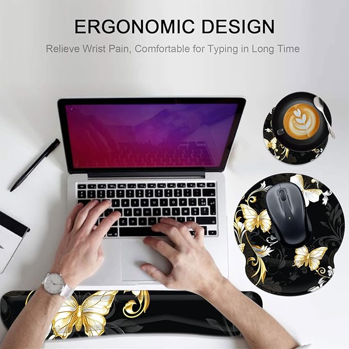 Keyboard Wrist Rest and Mouse Pad Wrist Support Set with CoastersNon-Slip PU Base Ergonomic Gaming Mousepad for Home Office Working Studying Easy Typing &amp Pain ReliefSilver Golden Butterfly