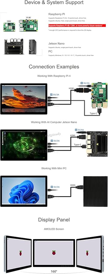 10.5inch HDMI Capacitive Touch AMOLED 2560×1600 2K Resolution with Fully Laminated Toughened Glass Panel for Raspberry Pi Jetson Nano PC Windows 11/10 / 8.1/8 / 7 CM4