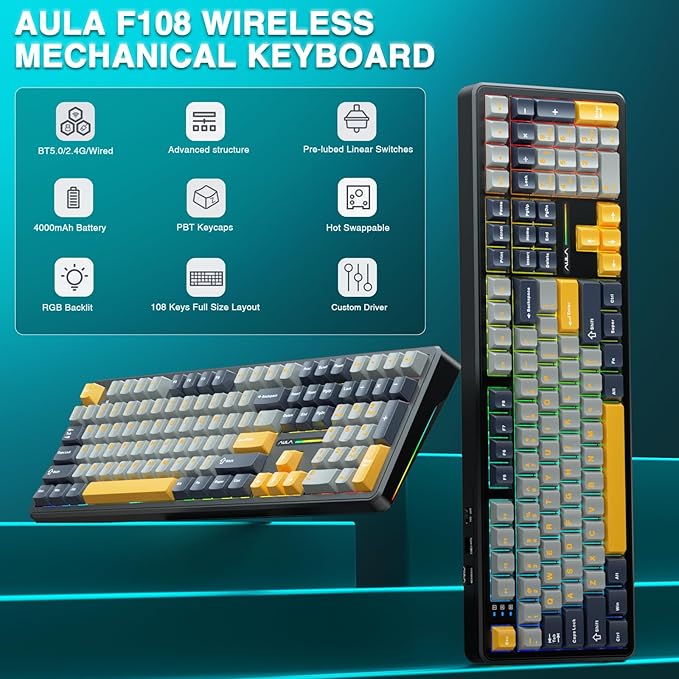 AULA F108 Wireless Mechanical Keyboard BT5.0/USB-C/2.4GHz Hot Swappable Custom Gaming Keyboards PBT Keycaps Pre-lubed Switches RGB Backlit Full Size Creamy Keyboard with Number Pad 108 Keys