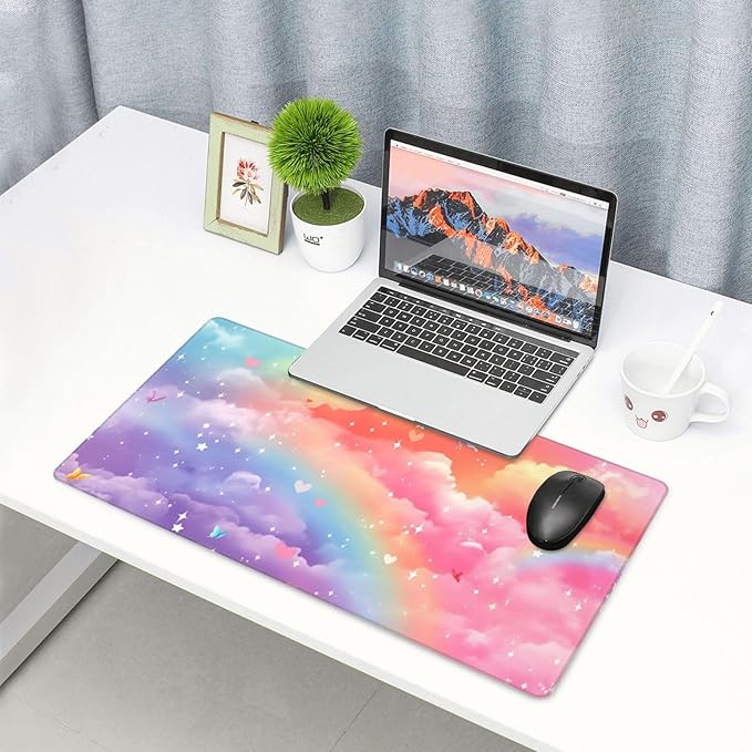 Rainbow and Clouds with Butterflies Desk Cover MatExtended Large Mouse PadComputer Laptop Mat Desk Decor for Office Game Home 30x16 Inch