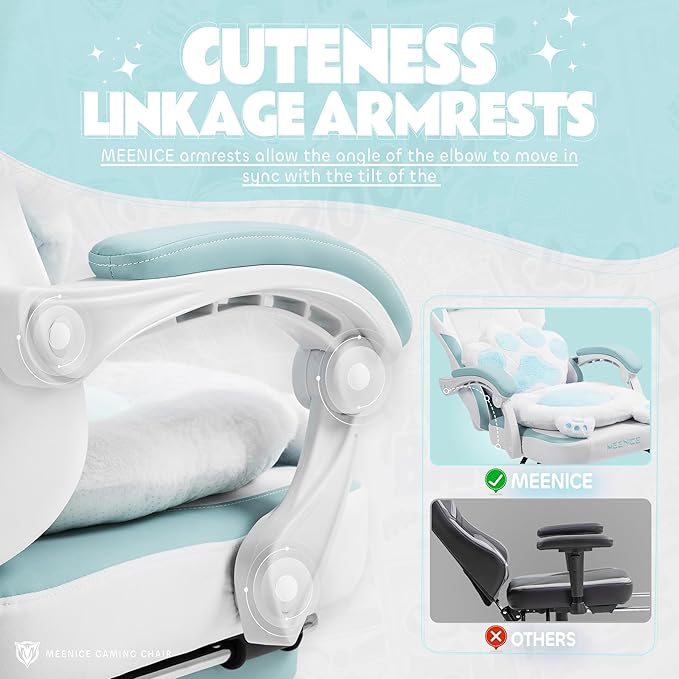 Gaming Chair Cute with Cat Ears Paw Lumbar and CushionErgonomic Computer Chair with FootrestReclining PC Game Chair for Girl Computer Chair 300lbs for Adult Aqua Blue