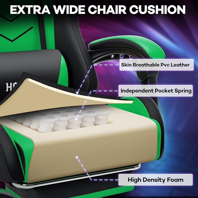 HOFFREE RGB Gaming Chair with Rhythm LED Lights and Speakers Massage Computer Chair with Footrest Music Video Game Chair High Back with Lumbar Support Green