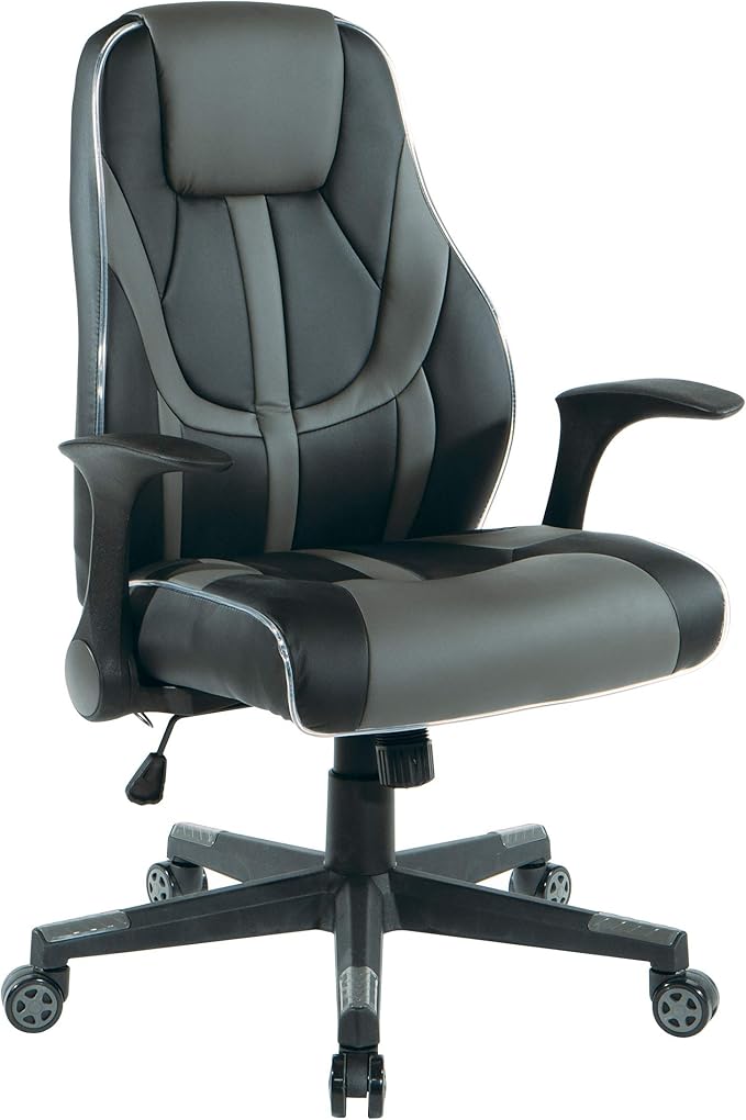 OSP Home Furnishings Output Mid-Back LED Lit Gaming Chair with Thick Padded Seat and Lumbar Support Black Faux Leather with Grey Trim and Accents