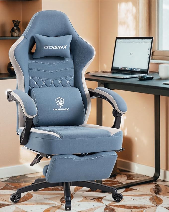 Dowinx Gaming Chair Breathable Fabric Game Chair with Gel Pad and Storage Bag Comfortable Gamer Chair with Pocket Spring Cushion Ergonomic Computer Chair with Footrest Blue and White