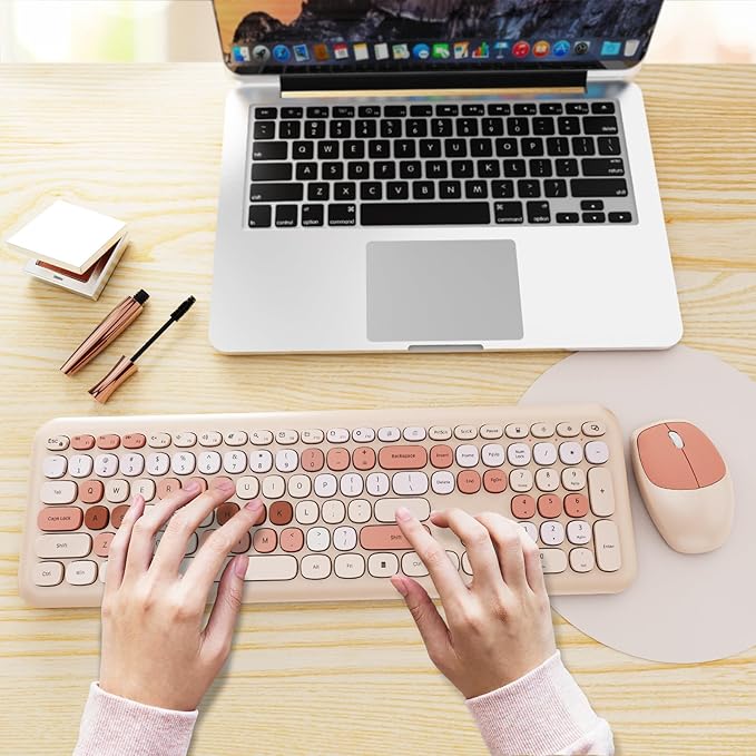 Wireless Keyboard and Mouse Combo Colorful Ergonomic Full Size Retro Low-Noise Keyboard with Cute keycaps Compatible with Windows PC Perfer for Home and Office Keyboards (Brown)