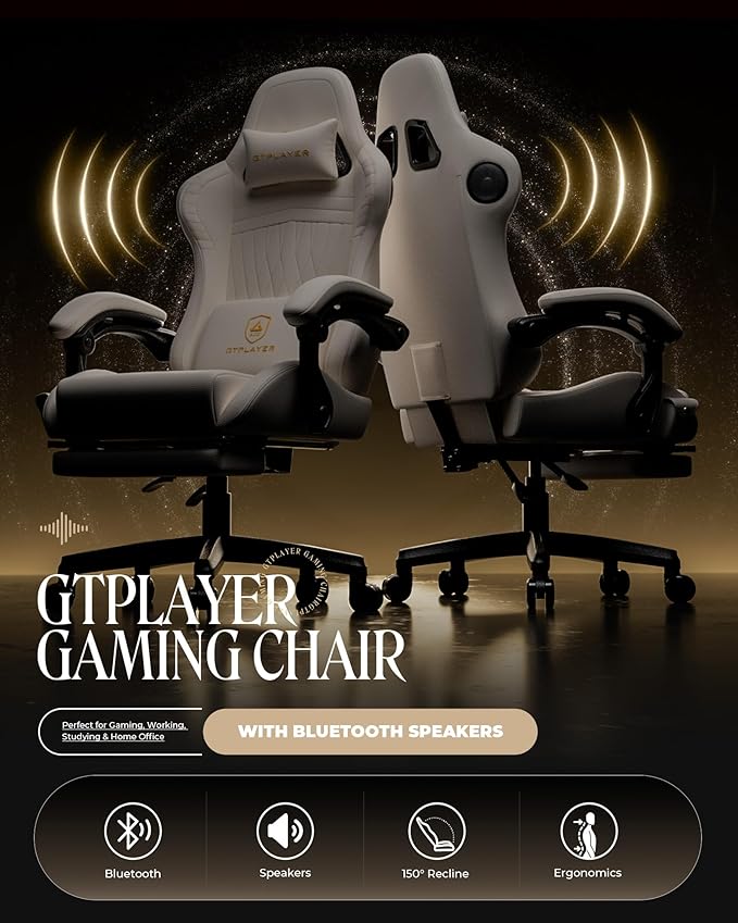 GTPLAYER Gaming Chair for Adults Ergonomic Computer Game Chairs with Speakers Footrest &amp Linkage Armrest Reclining High Back Silla Gamer for Home Office Ace Pro Off-White