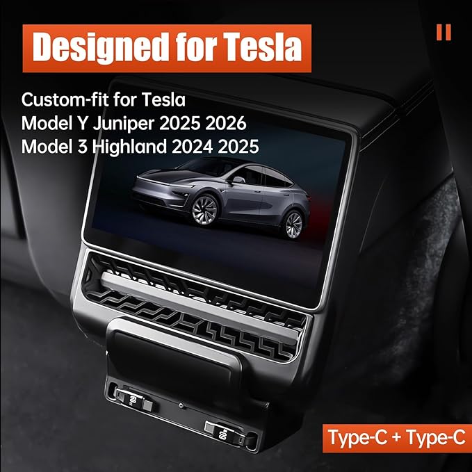 USB Hub for Tesla Model Y Juniper 2025 2026 Model 3 Highland 2024 2025 120W Dual Type-C Rear Vent Air Outlet Expansion Cover Fast Charger Center Console Docking Station with Retractable Cable