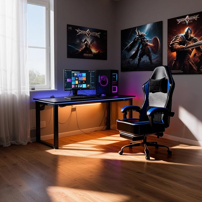 Gaming Chair with Pocket Spring Cushion and Footrest Ergonomic Computer Chair for Adults Breathable PU Leather Game Chair Adjustable Headrest and Lumbar Support Office Desk Chair