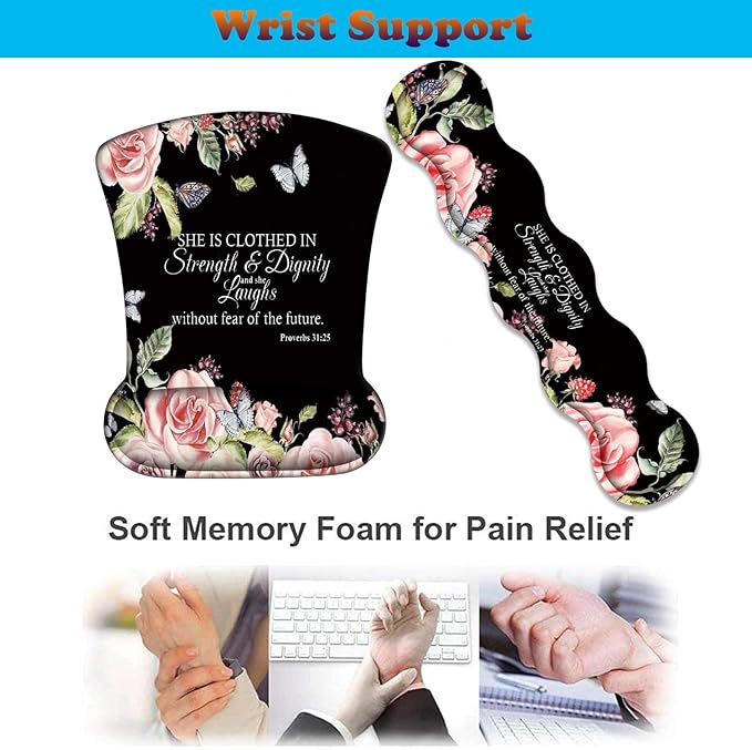 3 in 1 Keyboard Wrist Rest + Mouse Pad and Coaster Ergonomic Gel Mouse Pad and Keyboard Pad Set Comfortable Lightweight for Easy Typing Pain Relie Bible Verses Proverbs 31:25