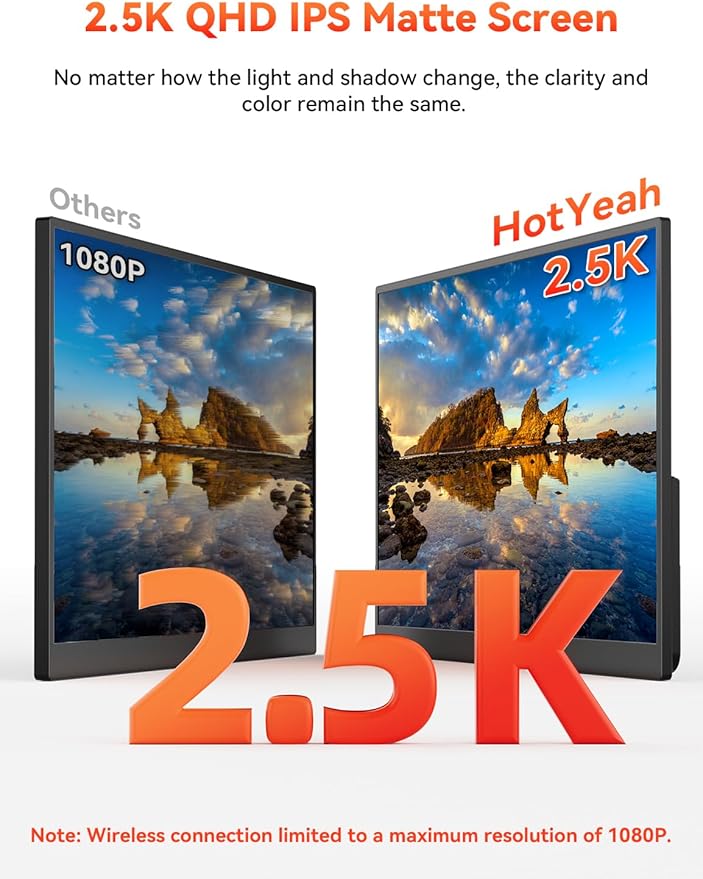 HotYeah 17.3 2.5K Wireless Portable Monitor Support AirPlay Miracast 2560×1440P IPS USB-C HDMI External Monitor 2nd Screen for Laptop MacBook PC Phone Tablet w/Built-in Battery(3-4H)
