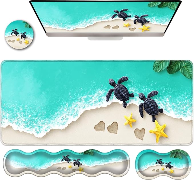 Ergonomic Keyboard Wrist Rest &amp Mouse Pad Wrist Rest SetXL Gaming Desk Mat 31.5x 11.8Non-Slip BaseMemory FoamEasy Typing Pain Relief for Office &amp HomeSea Turtles on Beach