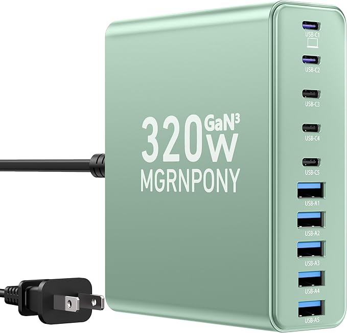 320W USB C Charger Block 10-Port USB C Charging Station GaN III PD 65W PC Laptop Fast Charger Adapter for MacBook Pro/Air DELL iPad iPhone Samsung Galaxy (Green)