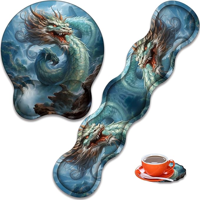 Mouse Wrist Rest and Keyboard Wrist Rest Pad+ Coaster Set Non-Slip Rubber Base Smooth Surface Ergonomic Gaming Mouse Pad for Easy Typing and Pain Relief Azure Dragon