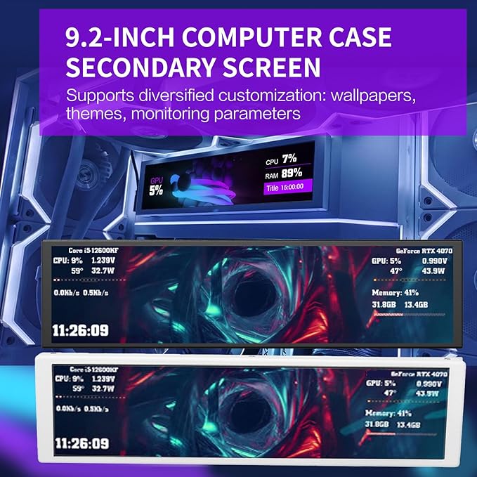 9.2 PC Sensor Panel Secondary Display for CPU GPU Monitoring with Dynamic Video Themes 1920x462 Resolution Type C Powered for 10/11 (Black)