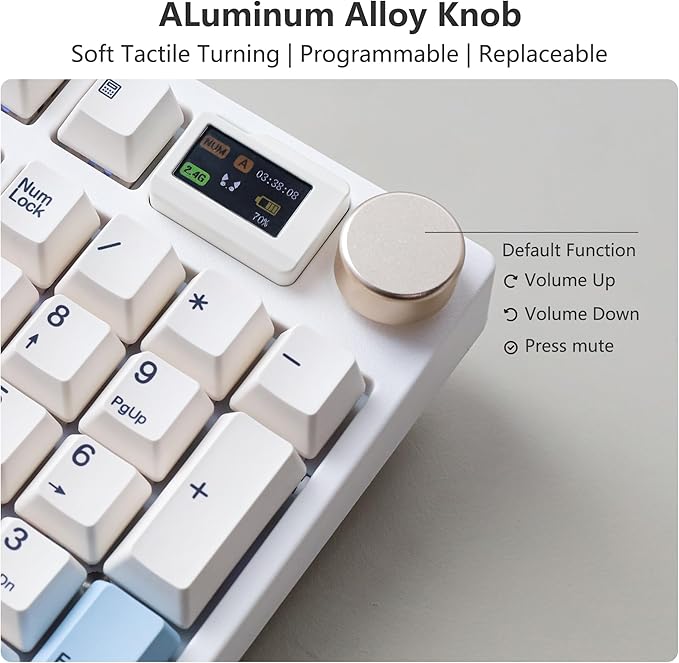 NJ98 Wireless Custom Mechanical Keyboard with Screen Knob 96% Hot Swappable RGB Keyboard Mac Windows (White Brass Plate-Box Deep Sea)