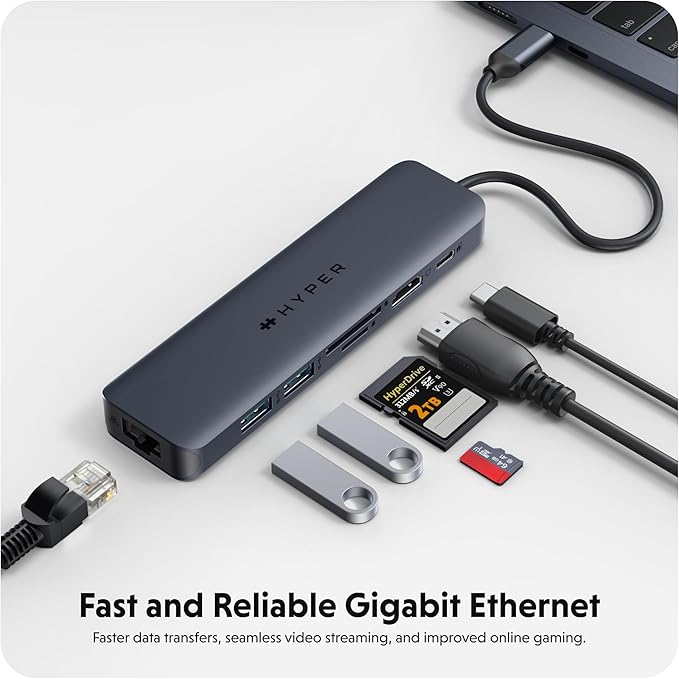 HyperDrive Next 7 Port USB C Hub for Mac PC Chromebook with 4K60Hz HDMI 2 USB-A USB C Hub 10Gbps USB-C 10Gbps 100W Power Delivery SD Card Reader Ethernet Ports