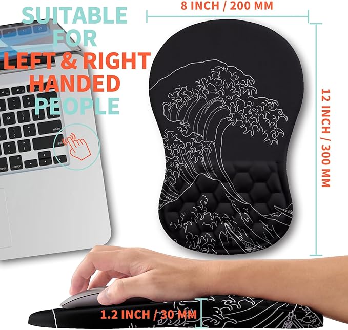 Ergonomic Mouse Pad Wrist Support with Memory Foam Massage Bulge Carpal Tunnel Pain Relief Mousepad Wrist Rest for Mouse(12x8 inchSea Wave)