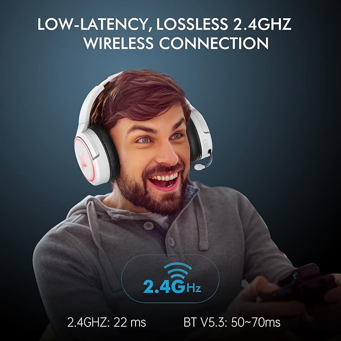 2.4G Wireless Gaming Headset for PC PS4 PS5 Switch MacMobile- Rotatable &amp Foldable Bluetooth V5.3 Headphone-20h Battery &amp RGB Light-Memory Ear Pads-Stretchable Noise Cancelling