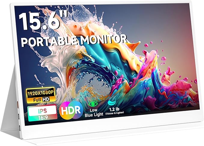 QAF Portable Monitor for Laptop 15.6 Inch FHD 1080P USB-C HDMI 100% sRGB HDR IPS Display Ultra-Thin Travel Second Screen Compatible with Laptop Mac PC Phone PS5 Xbox Switch Built-in Speakers White