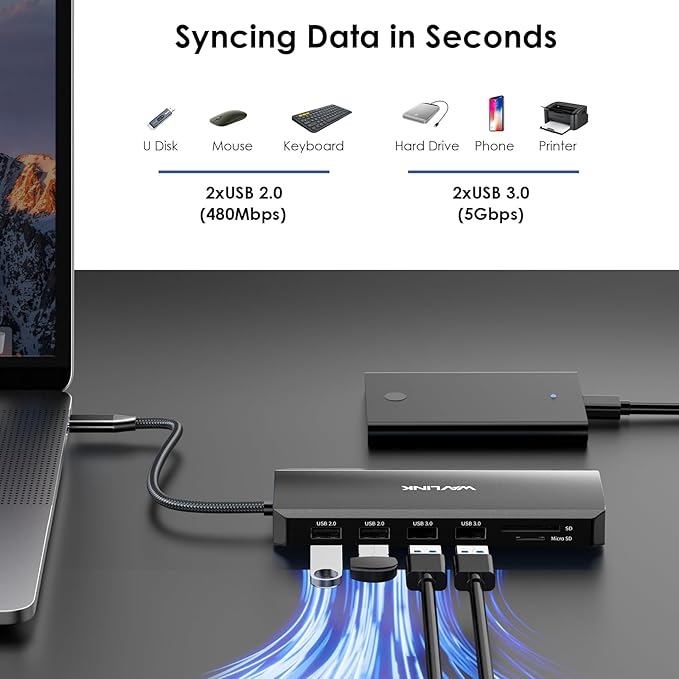 WAVLINK USB C Docking Station Dual Monitor USB Hub Laptop Triple Display USB C to 2 HDMIDisplayPort PD Charging Ethernet 5 USB SD/TF Read Audio for MacBook Dell HP Lenovo Surface Black