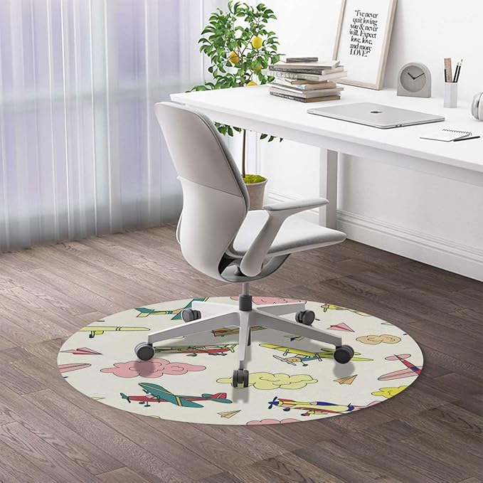 Multicolor PU Leather Round mat Office Chair Mat Hardwood Floor mat Fighter Machinery Allied Cartoon Round Chair Cushion for Office and Home Decoration Chair Cushion Airplane Diameter 55 in