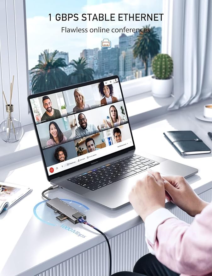 USB C Hub Mulitiport Adapter 9-in-1 Hub with 1Gbps Ethernet4K@30Hz HDMI100W Power Delivery 2 USB 3.0SD/TF Card Slots3.5mm JackUSB-C3.0 Data for MacBook Pro/Air iPad Pro M1/M2SurfaceXPS