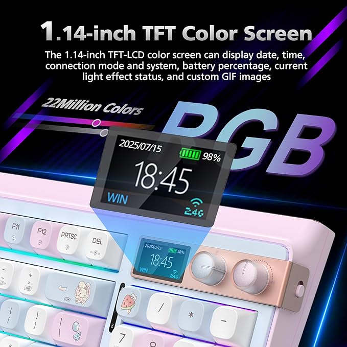 H98 Wireless Mechanical Keyboard96-Key Hot-Swappable Wired Gaming KeyboardTri-Mode Bluetooth 5.0 2.4G USB-C1.14 Color ScreenDouble Knob6000mAhRGBPBT Keycaps for PC Mac iPad-Pink