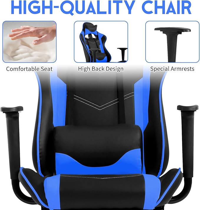 BLKMTY Gaming Chair with Footrest Ergonomic Office Racing Computer Chair with PU Leather High Back Lumbar Support Headrest Adjustable Height Reclining Chairs Blue