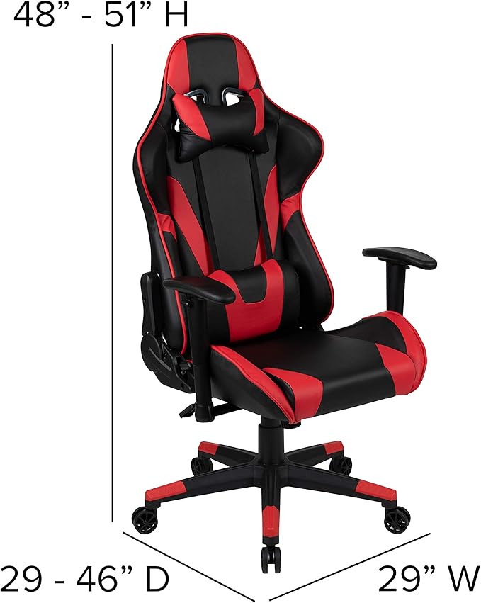 Flash Furniture X20 Fully Reclining LeatherSoft Racing Style Gaming Chair with and Lumbar Pillows Ergonomic Padded Swivel Computer Chair Red/Black