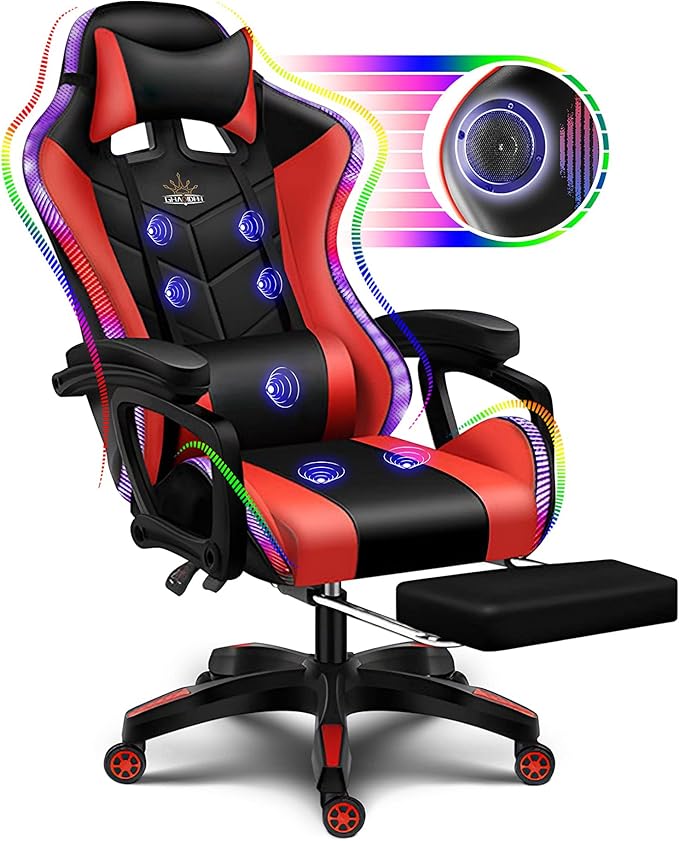 Gaming Chair Computer Chair with Footrest and Lumbar Support Height Adjustable Game Chair with 360° Swivel Seat and Headrest for Office&ampGaming Office Chair with Bluetooth Speakers&ampLED RG