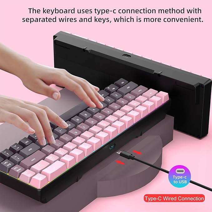 68 Keys Mechanical Gaming Keyboard Gradient Color Wired Keyboard with RGB Backlit &amp Multimedia Function ABS Injection Keycap Hot Swap Mechanical for PC (Gradient Pink)