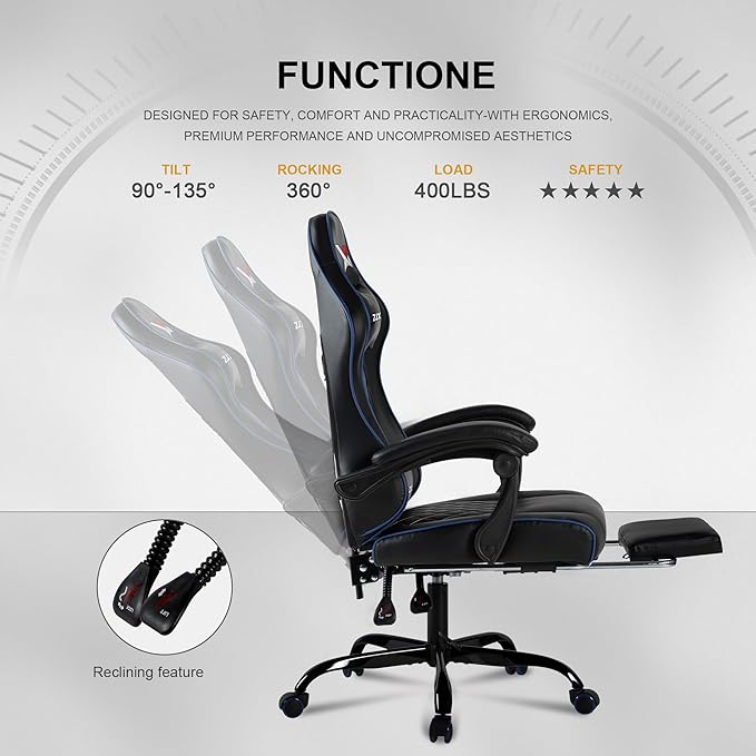 Vedio Gaming Chair with Footrest Lumbar Support for Home Office High Back Recliner Height Adjustable Ergonomic Comfy Leather Computer Desk ChairBlue