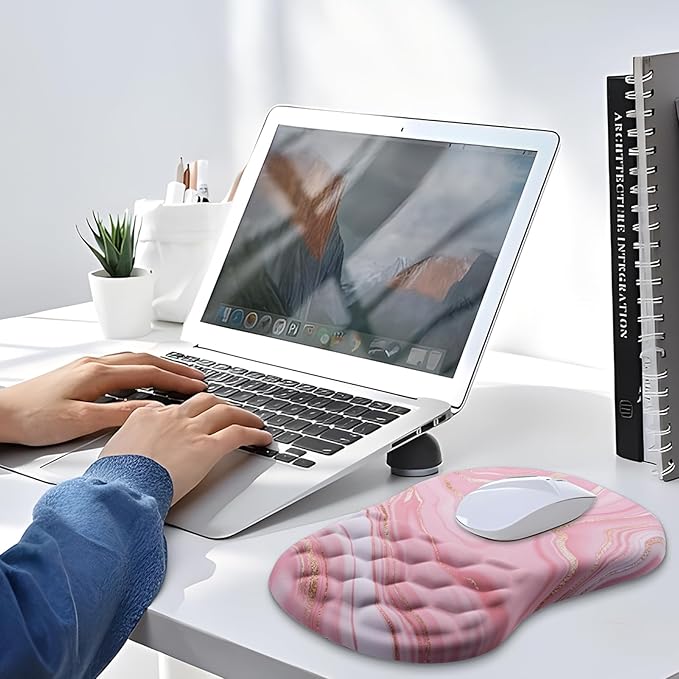 Mouse Pad Wrist Support Ergonomic Mouse Pad with Wrist Rest Comfortable Computer Mouse Pad for Laptop Pain Relief Mousepad with Non-Slip PU Base Pink
