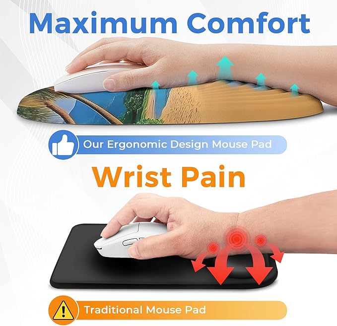Ergonomic Mouse Pad with Wrist Support Memory Foam Wrist Rest for Pain Relief &amp Carpal Tunnel Non-Slip Base for Office Computer PC Laptop (12x8x1.2inch Yellow Beach)