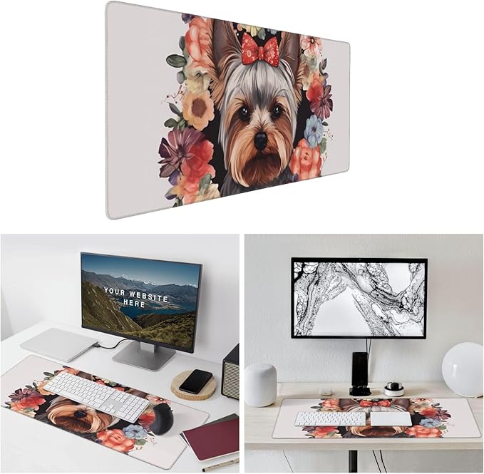 Gaming Mouse Pad Extended Full Keyboard Mat with Stitched Edges Anime Large Desk Pad with Non-Slip Base Yorkie Floral Mouse Mat for Gaming and Office 16 x 35.5 inches Mousepad