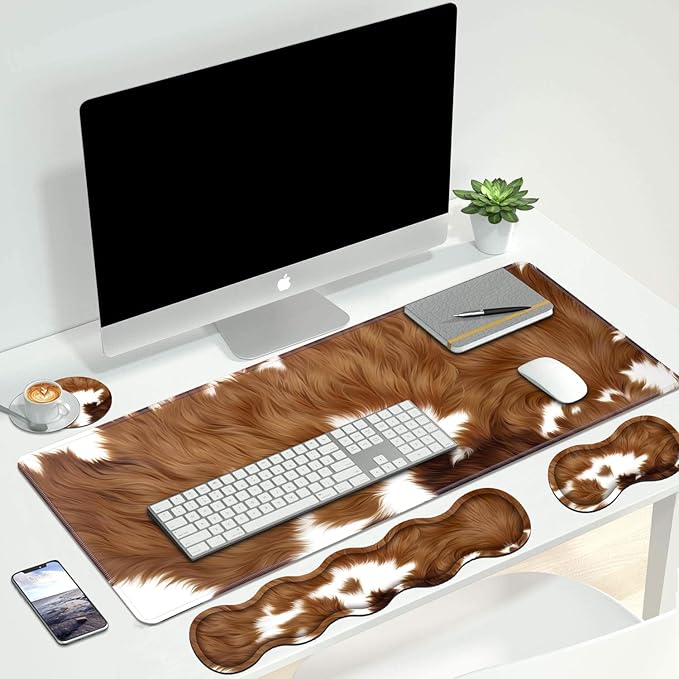 4 in 1 Ergonomic Keyboard Wrist Rest &amp Mouse Pad Wrist Rest Set Large XXL Gaming Desk Mat 31.5x 11.8 with Non-Slip Base Memory Foam for Home Office Study Gaming Brown Cow Print