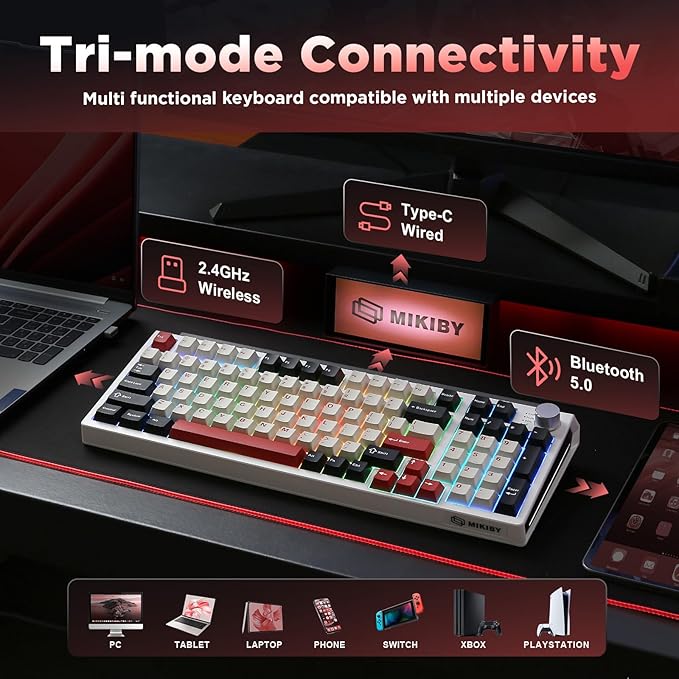 K98 Wireless Mechanical KeyboardTri-Mode BT5.0/2.4GHz/USB-C Hot Swappable Custom KeyboardGasket StructureRGB Backlit Gaming Keyboard for Win &amp Mac(White&ampRedMilk-V2 Switch)