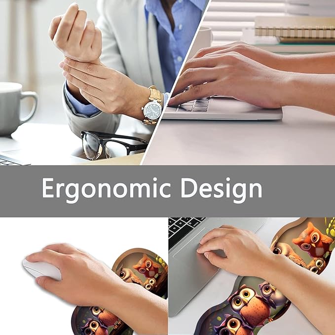 Large Gaming Mouse Pad + Keyboard Wrist Rest + Wrist Support + Coaster Set Memory Foam Ergonomic for Easy Typing XXL Extended Gaming Mouse Pad Table Pad - Cute Owl