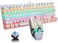 Mechanical Gaming Keyboard and Mouse Combo 87 Key Retro Punk Typewriter-StyleBlue Switch RGB Rainbow Backlit KeyboardCool Breathing Light Lightweight Gaming Mouse for Game and OfficeWhite